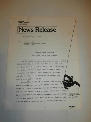 16) Marvel News Release x-Men Africa Benefit May 14, 1985